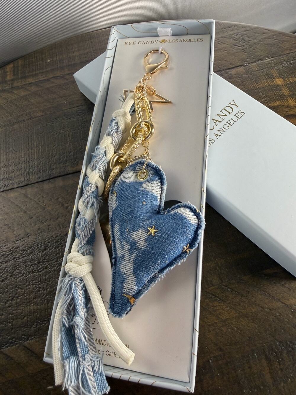 Eye Candy Los Angeles Denim Heart Bag Charm Keychain Braid Gold Star NIB New